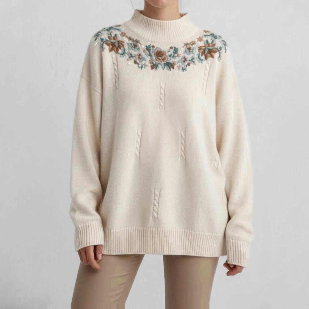 80s Wool Blend Embroidered Sweater Soft Girl Cottagecore Romantic Grandmacore PL